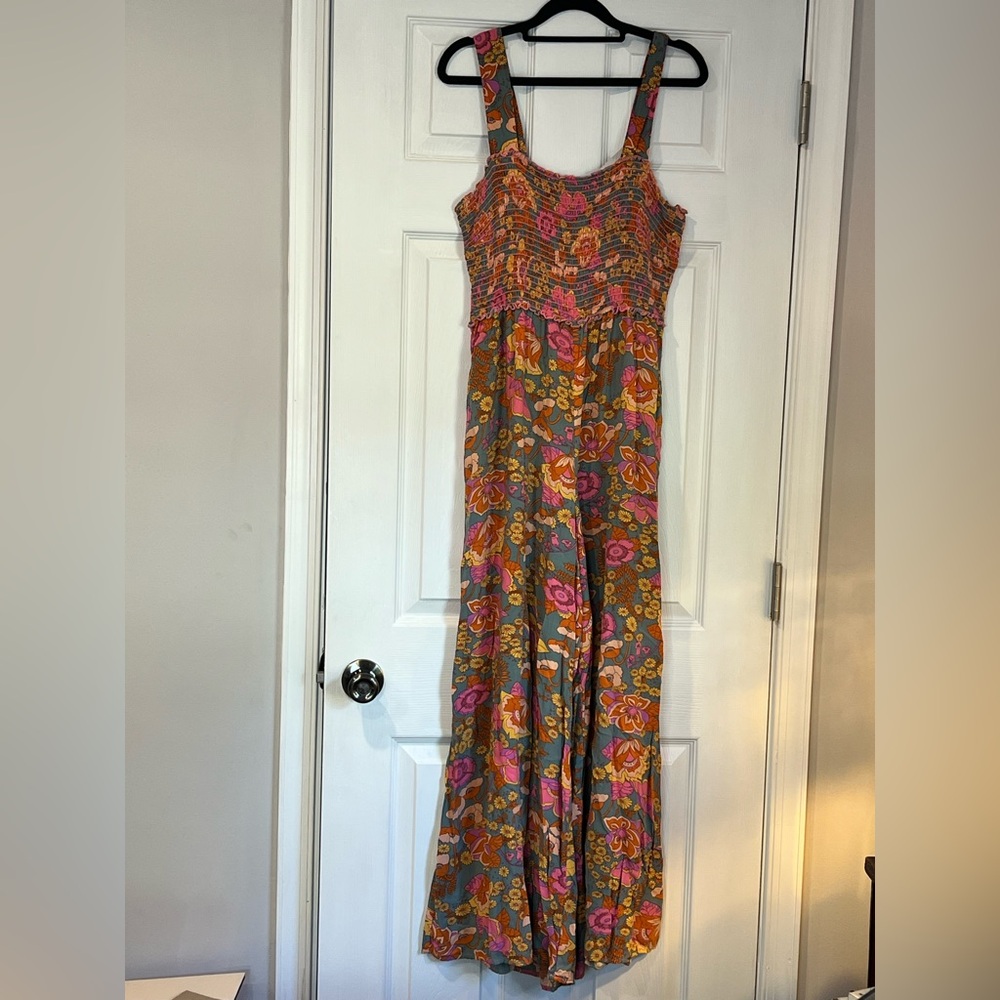 Adorable Natural Life Retro Floral Wide-Leg Jumpsuit - M